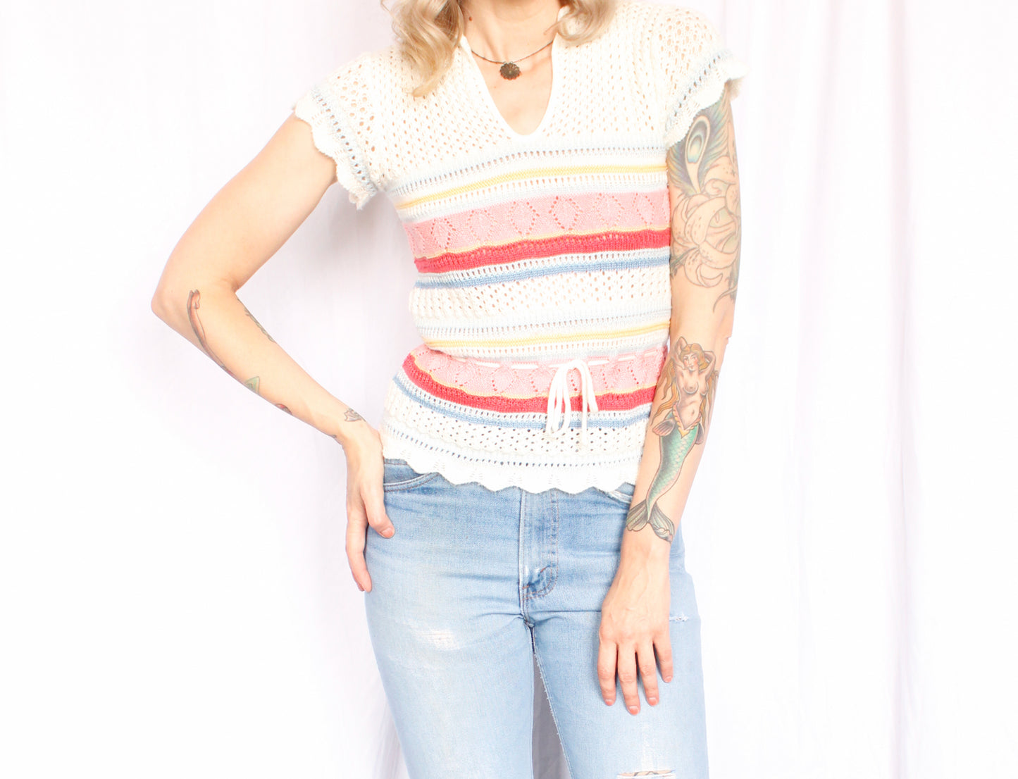 1970s Open Knit Acrylic Sweater - Small