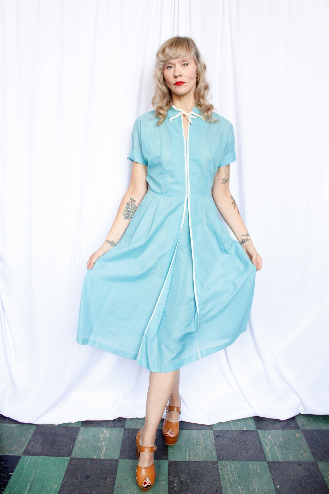 1950s Sue Carson Teal Day Dress - Medium