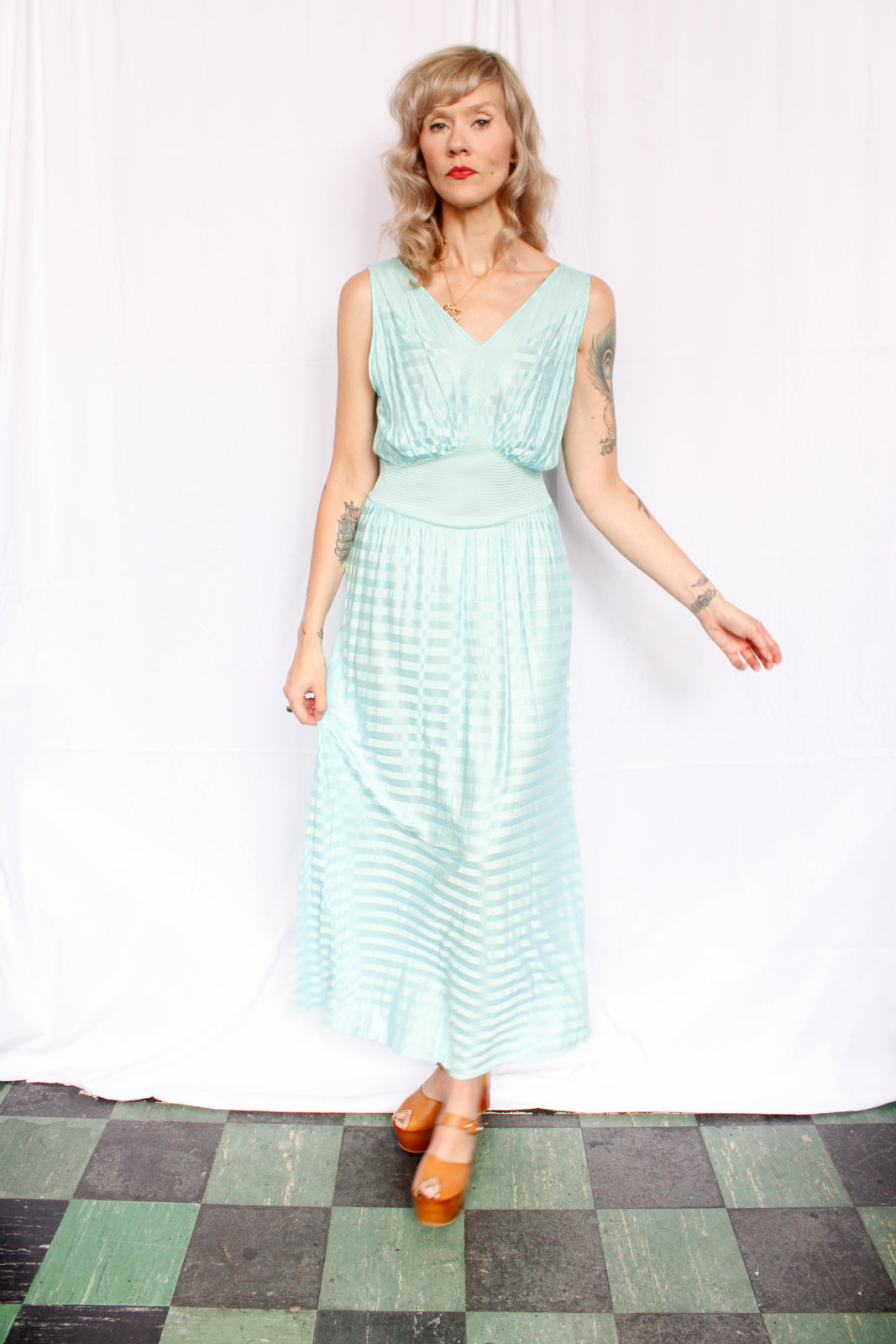 1940s NOS Van Raalte STRYPS Turquoise Blue Night Gown - Large