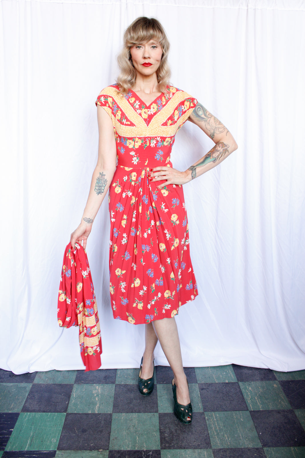1940s Doris Dodson Rayon Floral Dress with Scarf - Xsmall