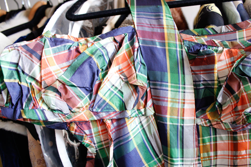 1940s Plaid Silk Taffeta Gown - Small