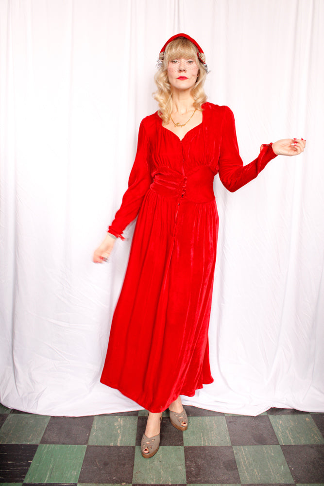 1940s Nini Turcotle Rayon Red Velvet Gown - S/M