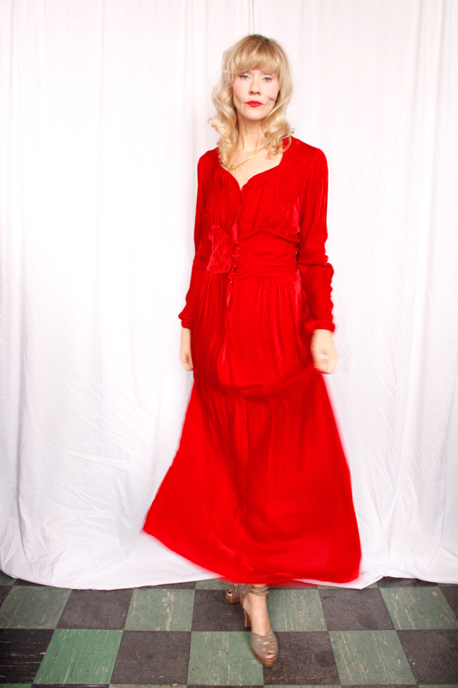 1940s Nini Turcotle Rayon Red Velvet Gown - S/M