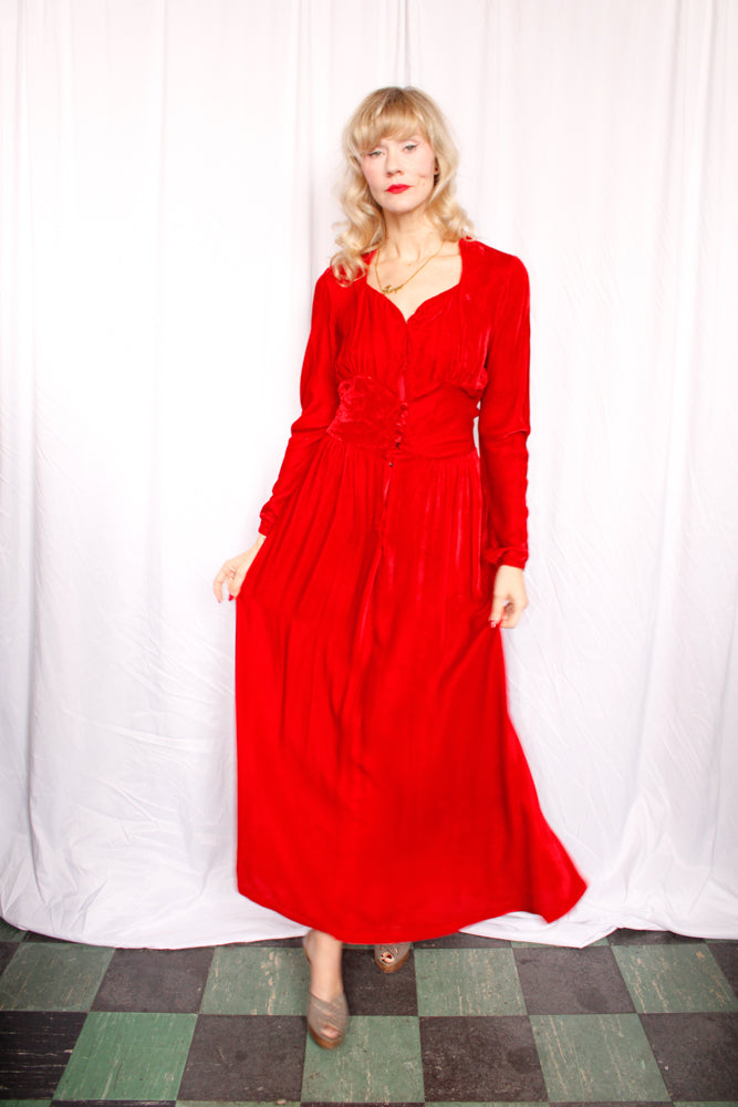1940s Nini Turcotle Rayon Red Velvet Gown - S/M