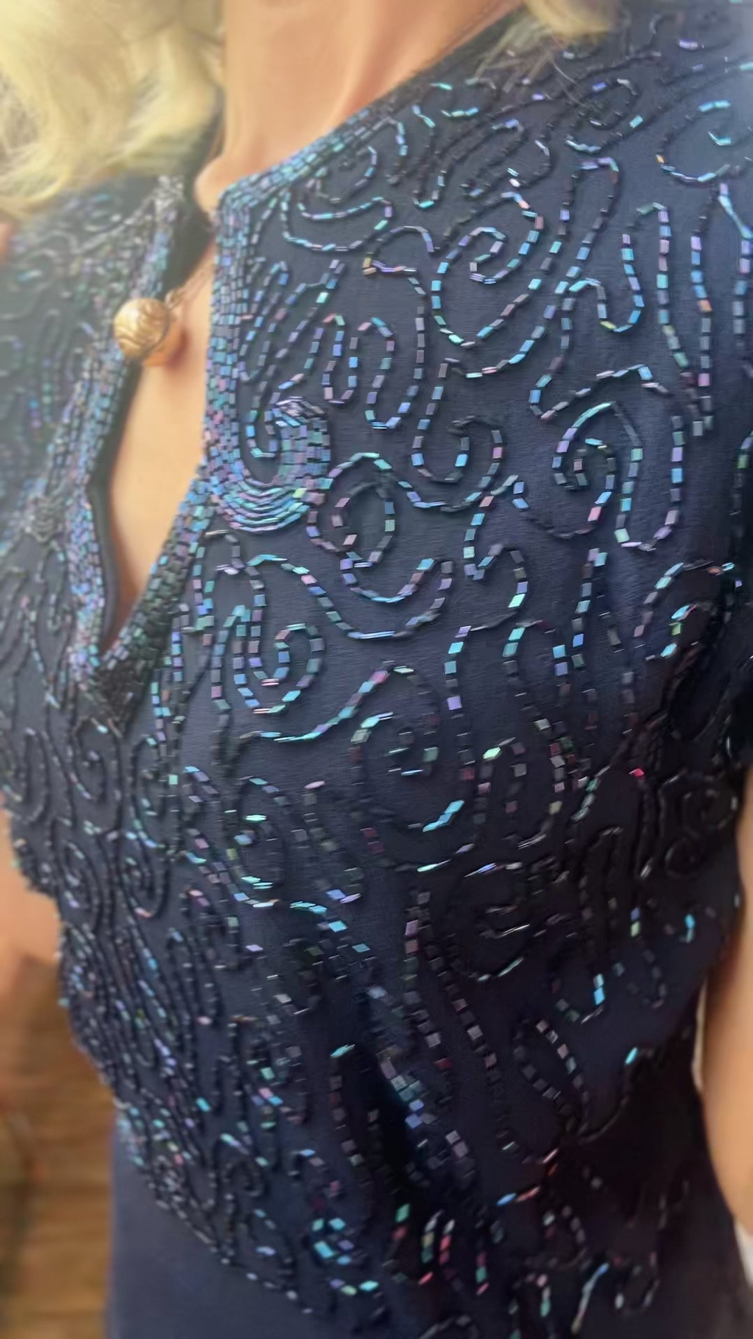 1940s Beaded Sapphire Blue Rayon Crepe Dress - Large