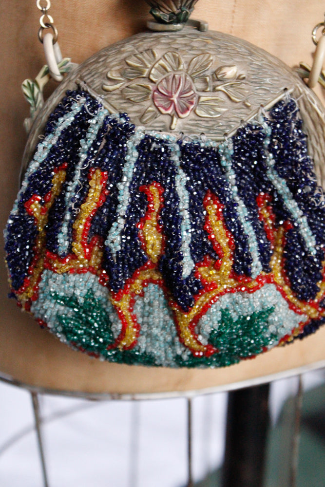 Early 1920s French Carved Celluloid Beaded Floral Handbag