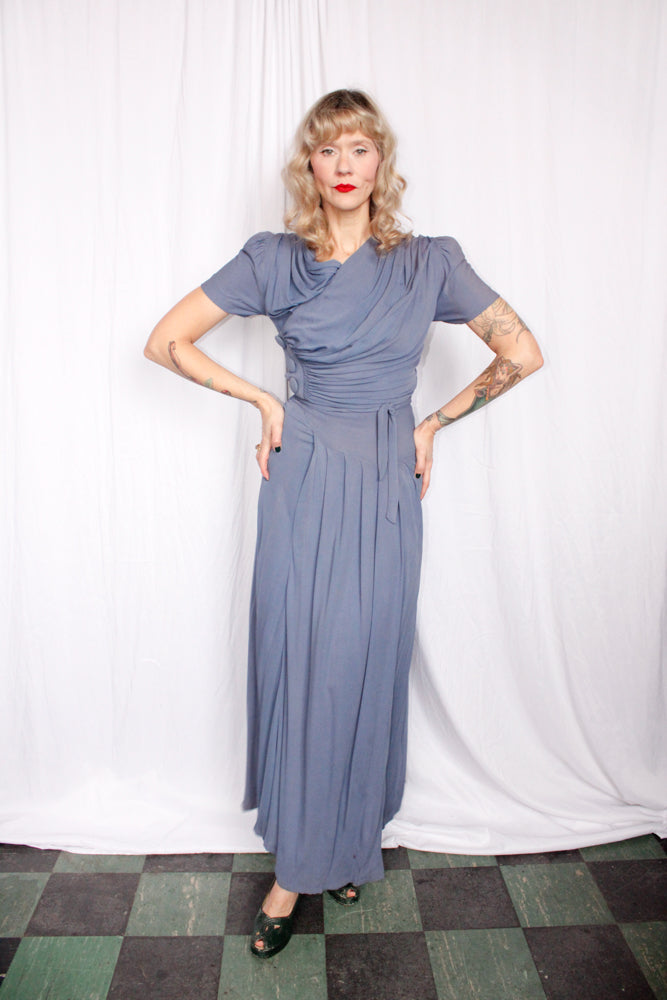 1930s Periwinkle Draped Jersey Gown - Xs