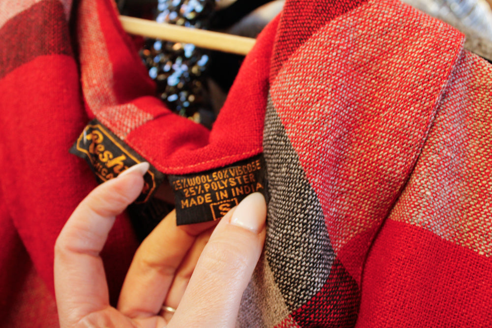 1980s Red Plaid Wool blend Dress - Medium