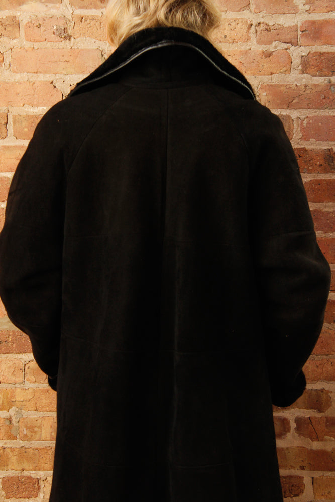 1990s Neiman Marcus Black Suede & Shearling Coat - M/L