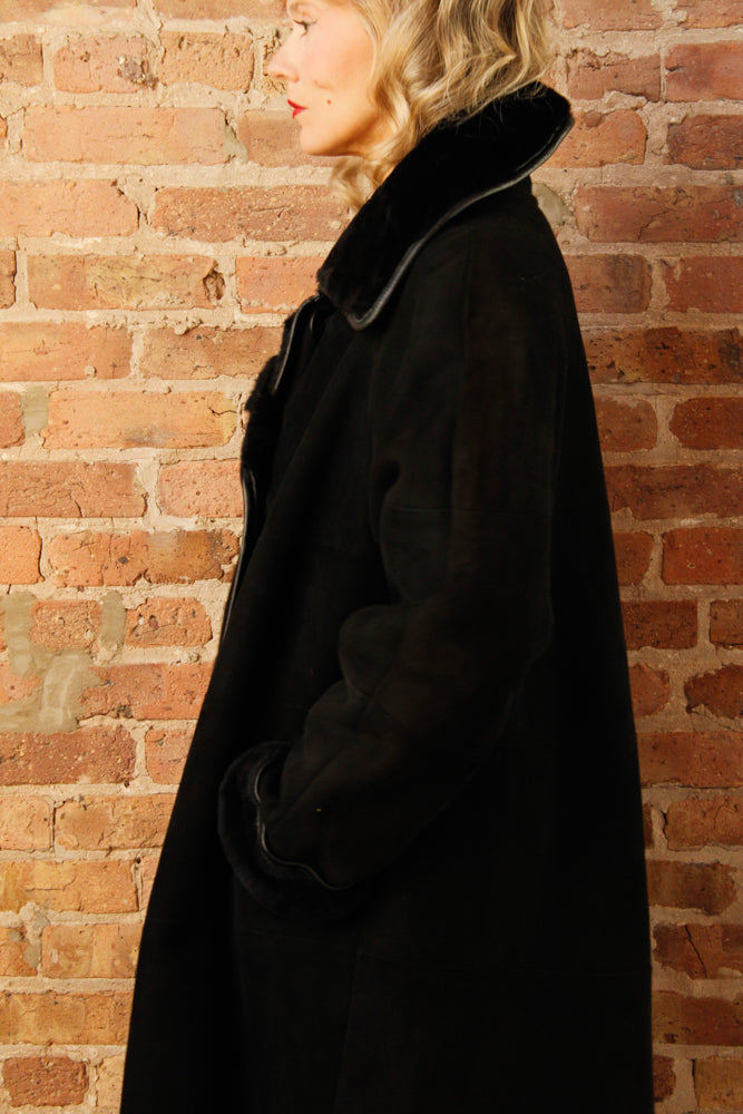 1990s Neiman Marcus Black Suede & Shearling Coat - M/L
