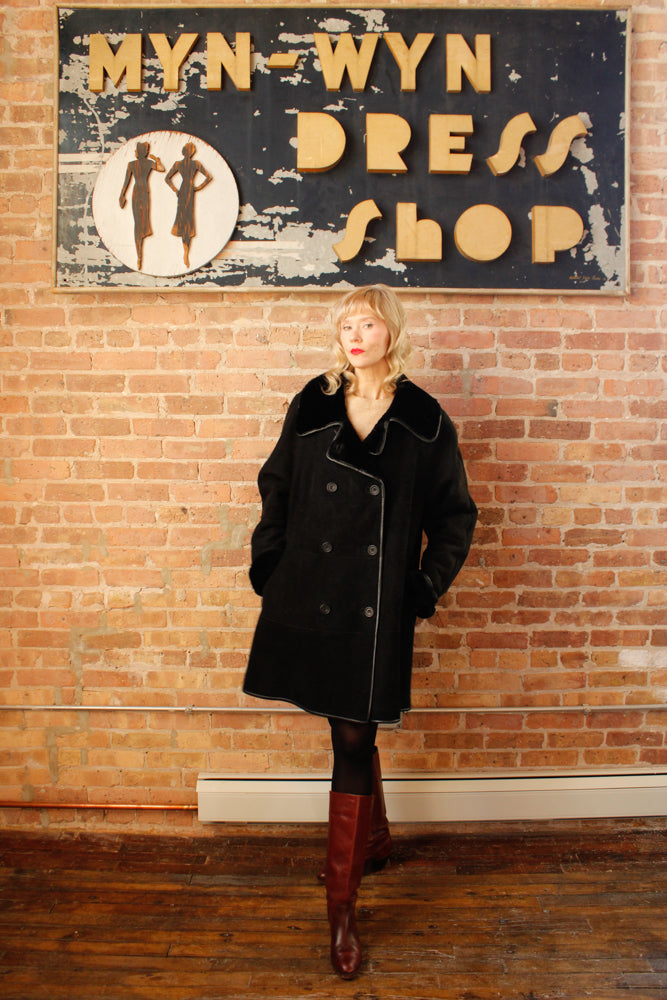 1990s Neiman Marcus Black Suede & Shearling Coat - M/L
