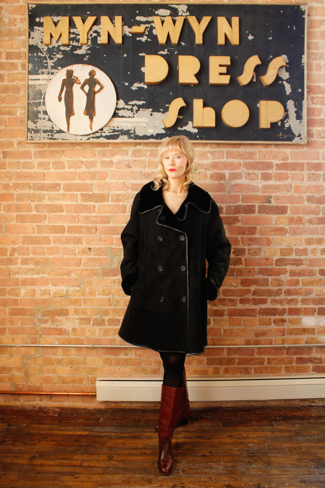 1990s Neiman Marcus Black Suede & Shearling Coat - M/L