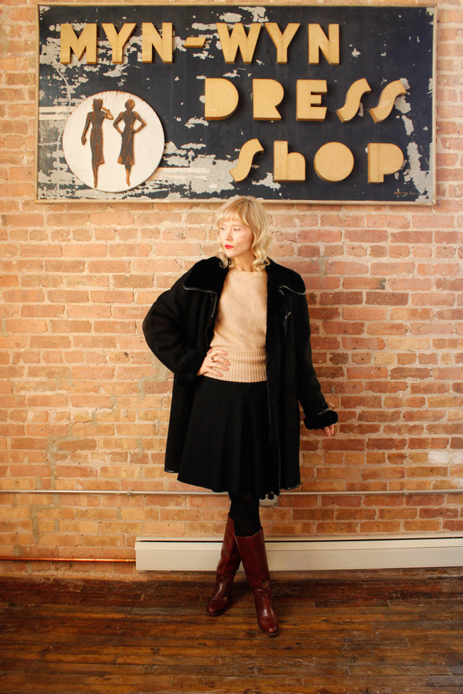 1990s Neiman Marcus Black Suede & Shearling Coat - M/L