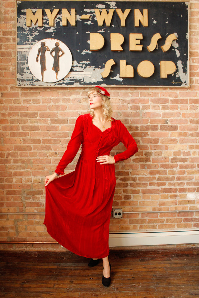 1940s Nini Turcotle Rayon Red Velvet Gown - S/M