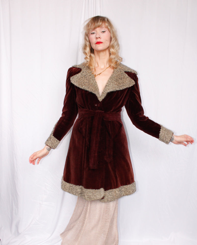 1930s Plum Velvet Belted Coat with Faux Persian Lamb Wool Trim - Small