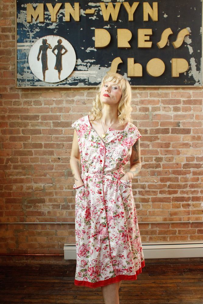 1950s Pink & Red Floral Cotton Dress - XXL