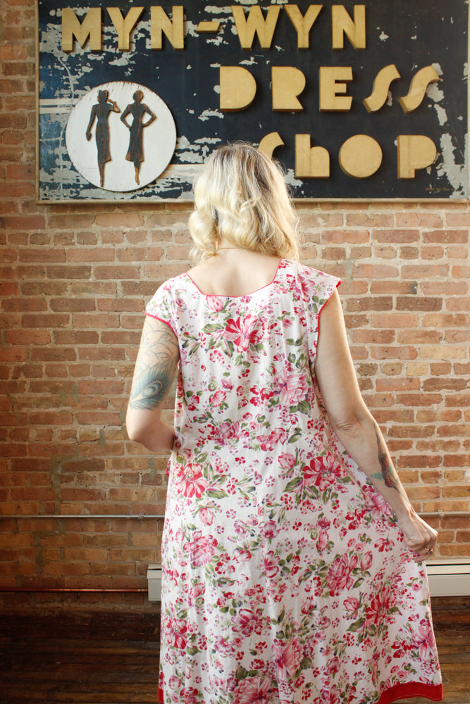 1950s Pink & Red Floral Cotton Dress - XXL