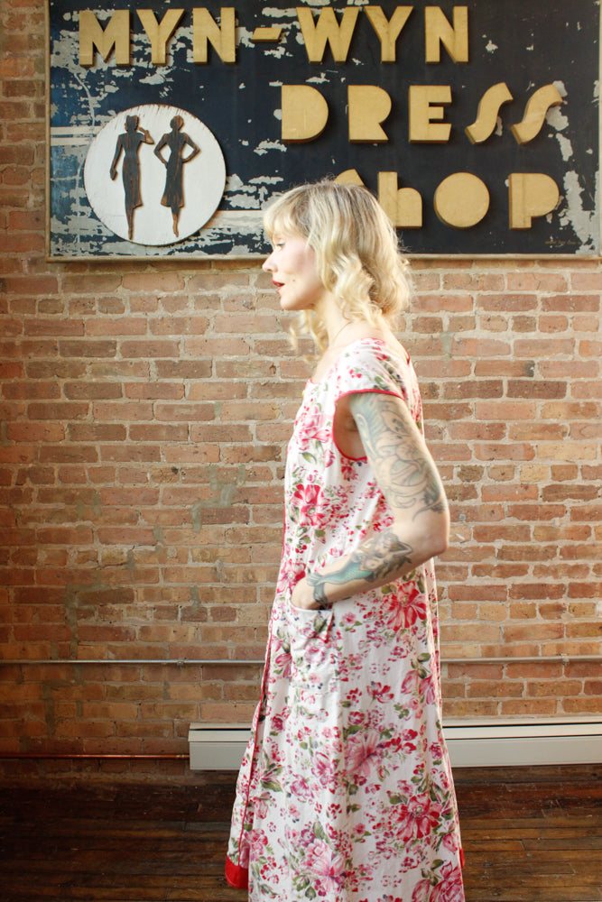 1950s Pink & Red Floral Cotton Dress - XXL