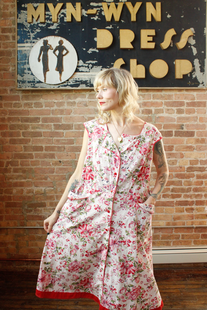 1950s Pink & Red Floral Cotton Dress - XXL