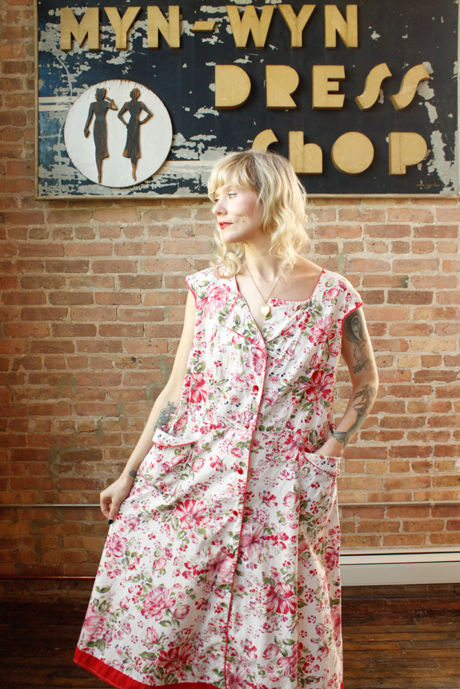 1950s Pink & Red Floral Cotton Dress - XXL