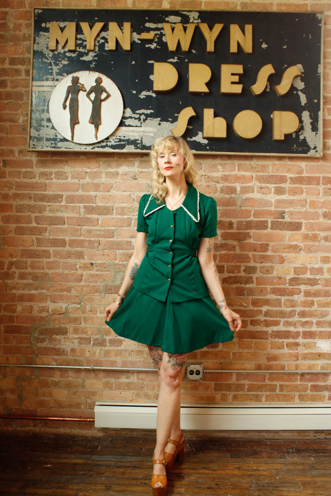 1970s 2pc Green Top & Skirt - Medium