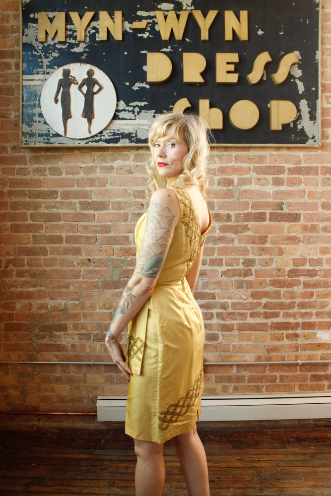 1960s Gold Beaded Silk Cocktail Dress - Small