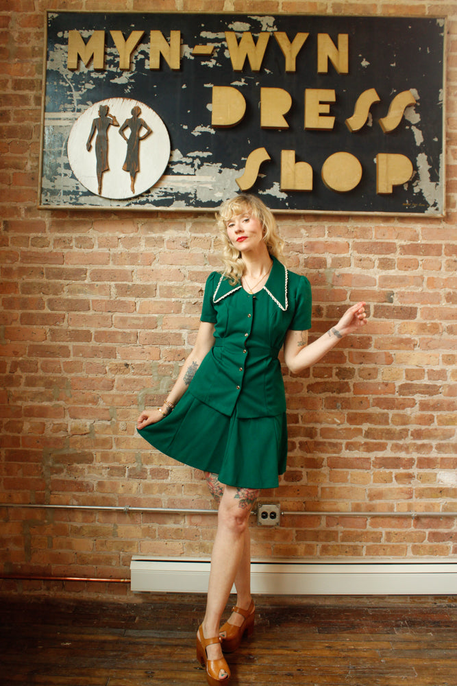 1970s 2pc Green Top & Skirt - Medium