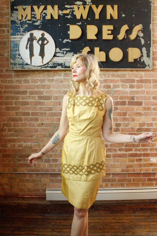 1960s Gold Beaded Silk Cocktail Dress - Small