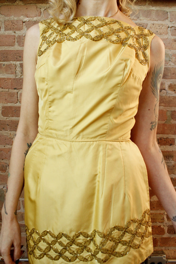 1960s Gold Beaded Silk Cocktail Dress - Small