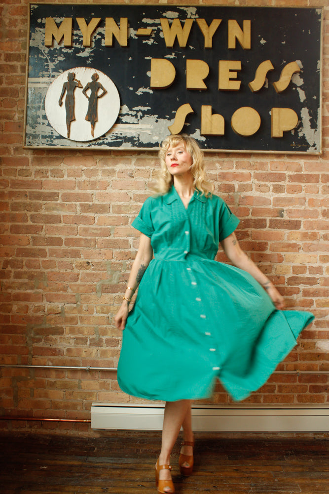1950s Teal Green Cotton Dress - Large