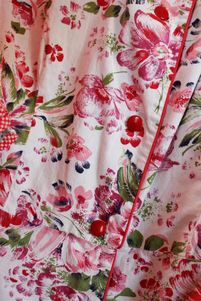 1950s Pink & Red Floral Cotton Dress - XXL