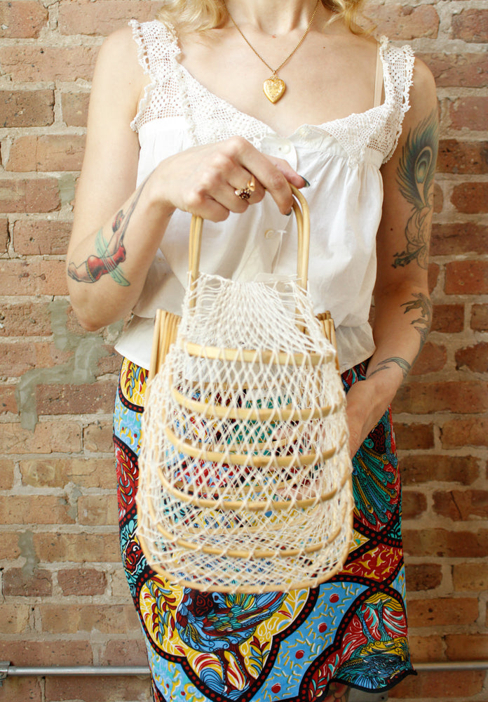 1940s RARE Collapsable Blonde Bamboo Summer Bag