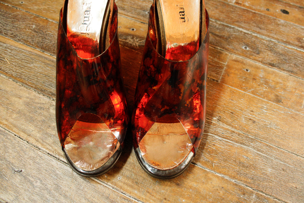 1960s Tortoise Shell Lucite Wedge Heels - 8.5