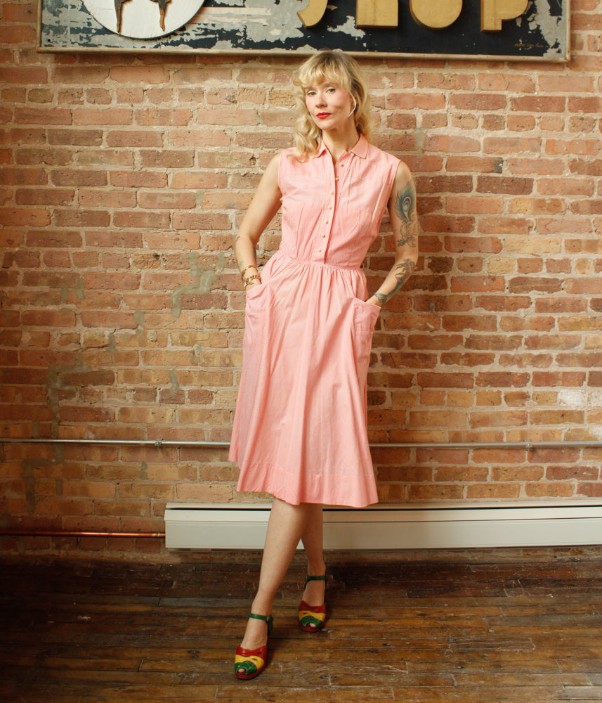 pink shirtwaist dress 1950s Pink Striped Shirtwaist Day Dress