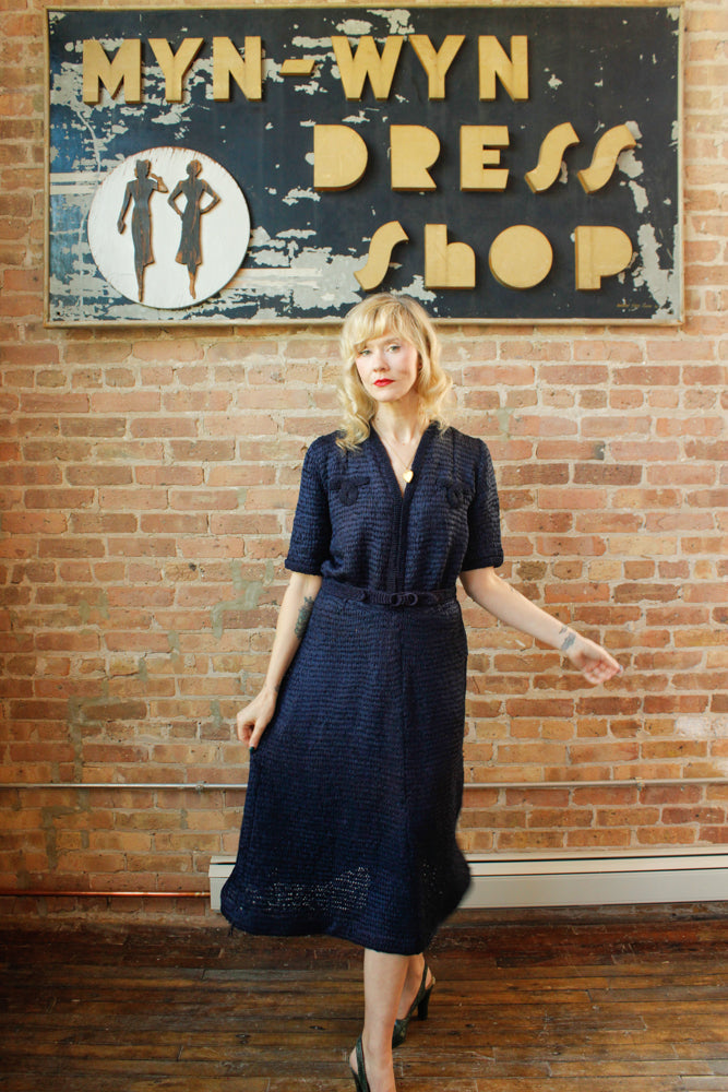 1940s Ribbon Sapphire Knit Dress - Large