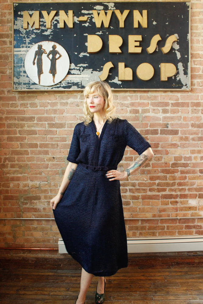 1940s Ribbon Sapphire Knit Dress - Large