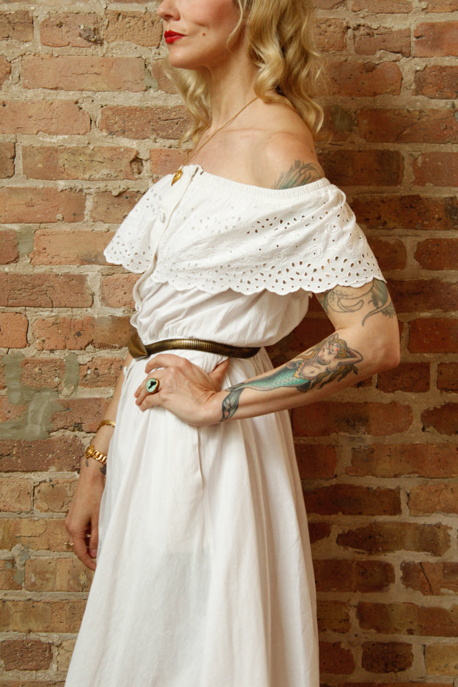 1990s White Off the Shoulder Cotton Dress - Medium