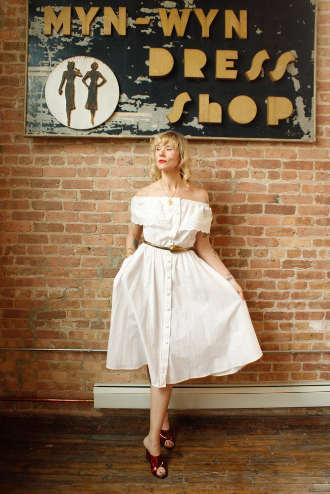 1990s White Off the Shoulder Cotton Dress - Medium