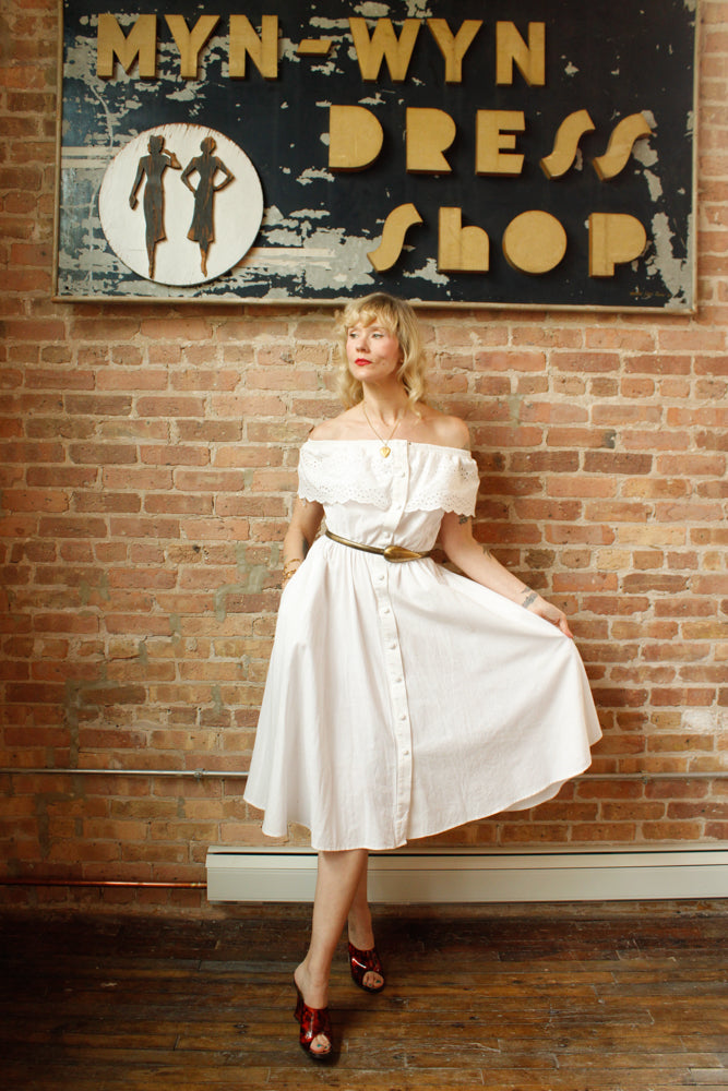 1990s White Off The Shoulder Cotton Dress - Medium 1990s White Off The Shoulder Cotton Dress - Medium