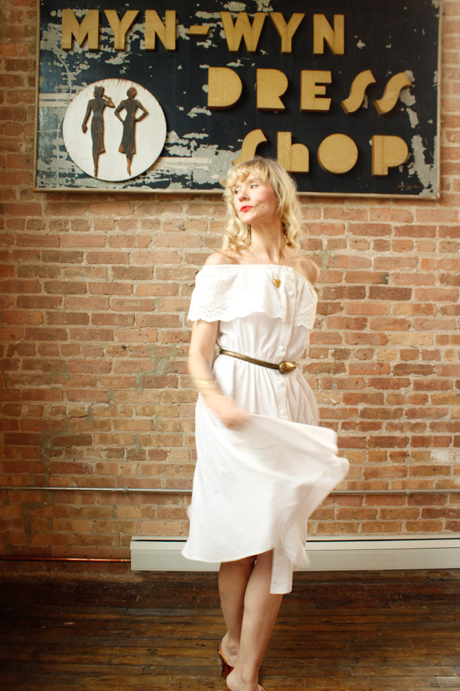1990s White Off the Shoulder Cotton Dress - Medium