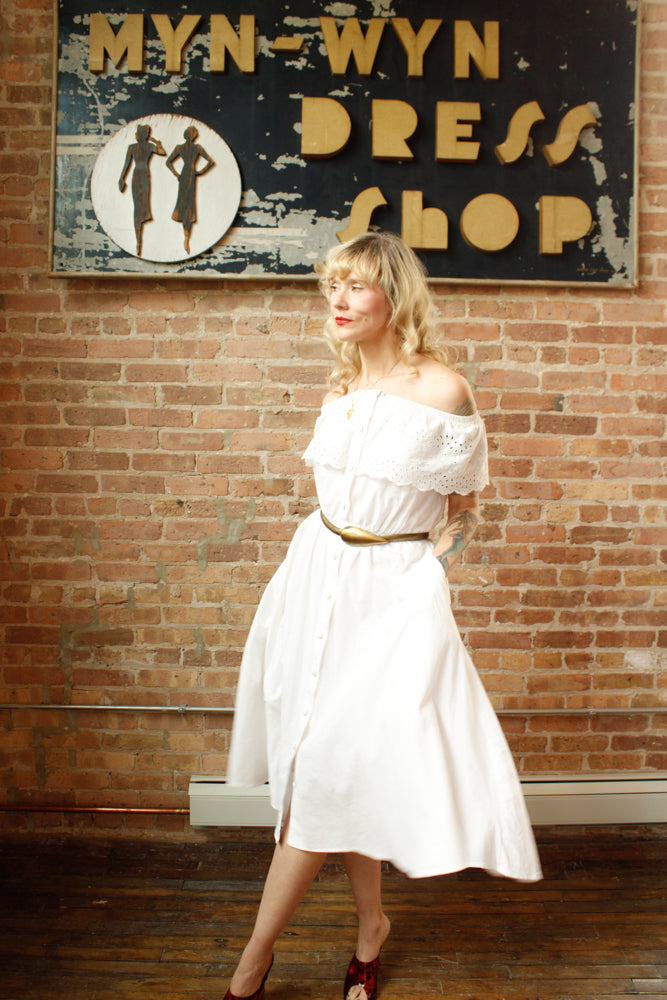 1990s White Off the Shoulder Cotton Dress - Medium