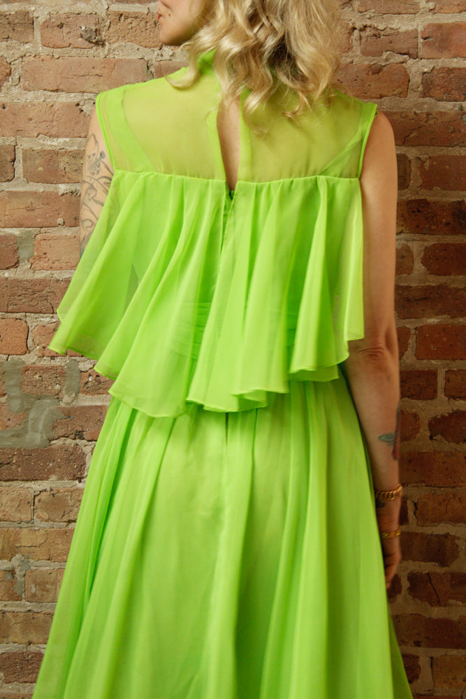 1960s Day Glo Green Chiffon Party Dress - Medium