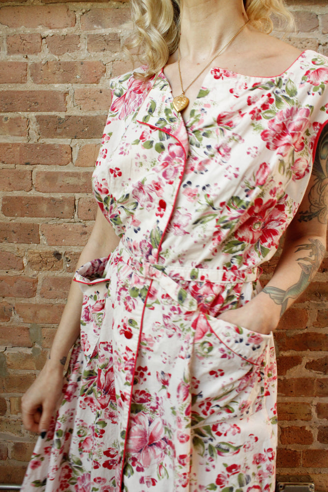 1950s Pink & Red Floral Cotton Dress - XXL