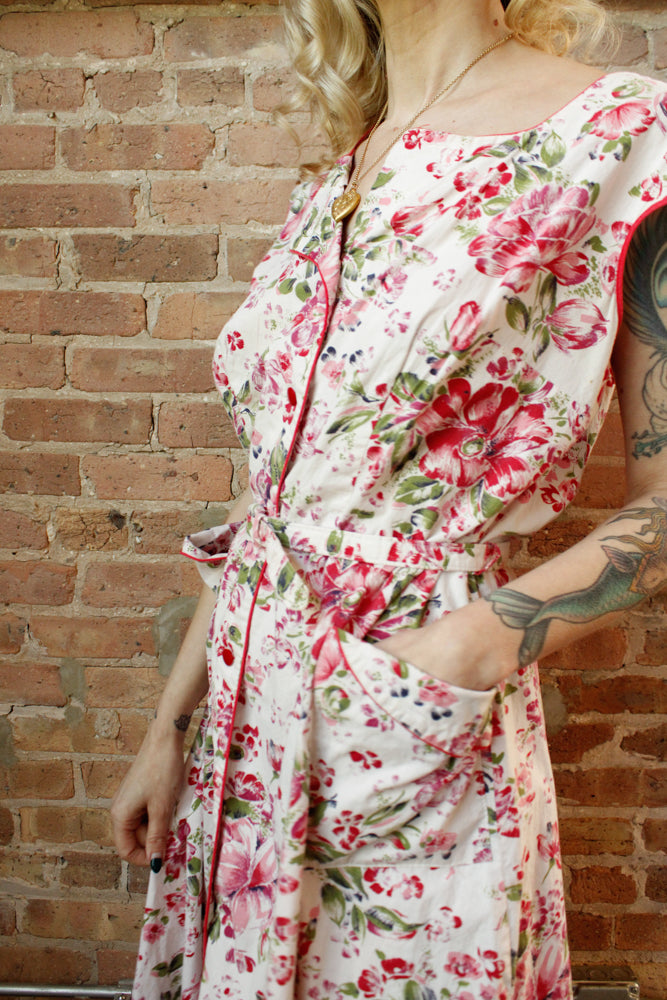 1950s Pink & Red Floral Cotton Dress - XXL
