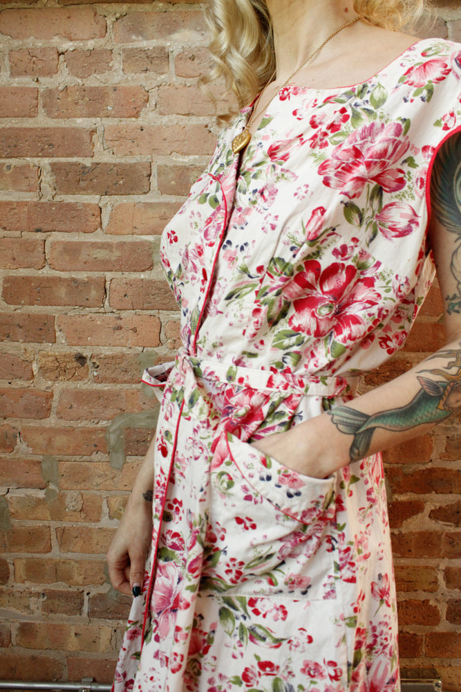 1950s Pink & Red Floral Cotton Dress - XXL