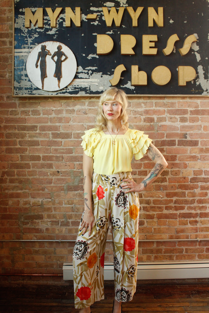 1940s Rayon Ruffle Lemon Blouse - Small