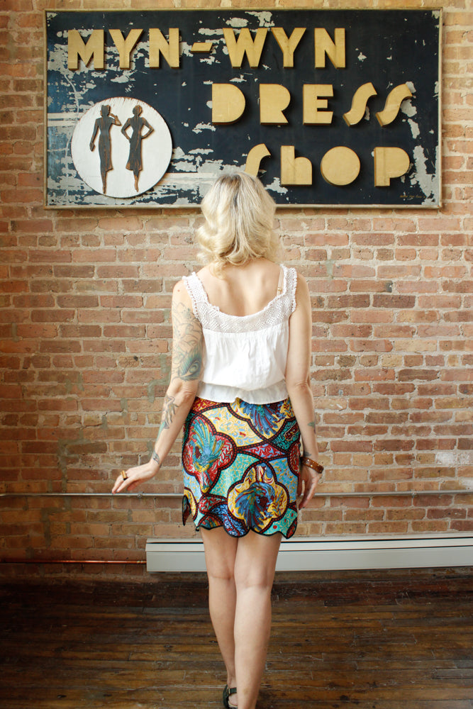 1960s Peacock Print Slip Skirt - Small