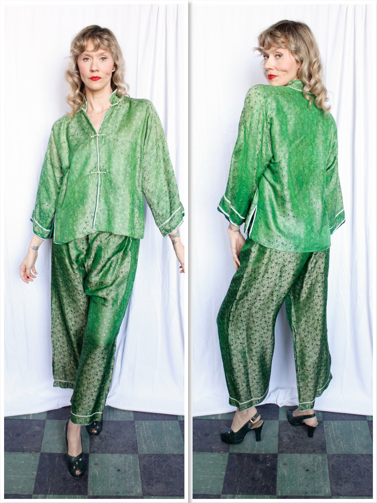 1920s Green Silk Floral 2pc Lounge Suit - Large