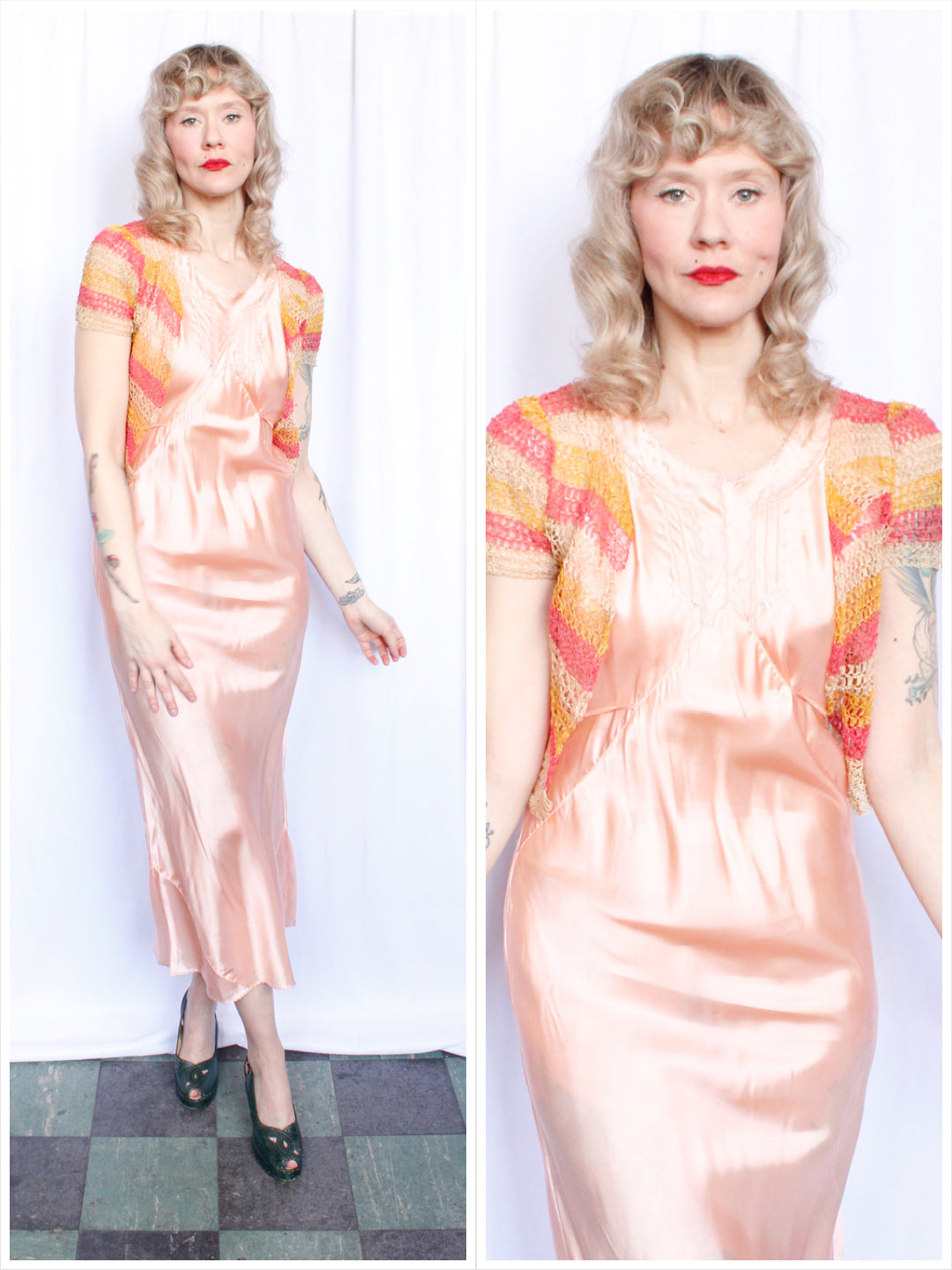 1930s Coral & Gold Raffia Knit Bolero - Xsmall