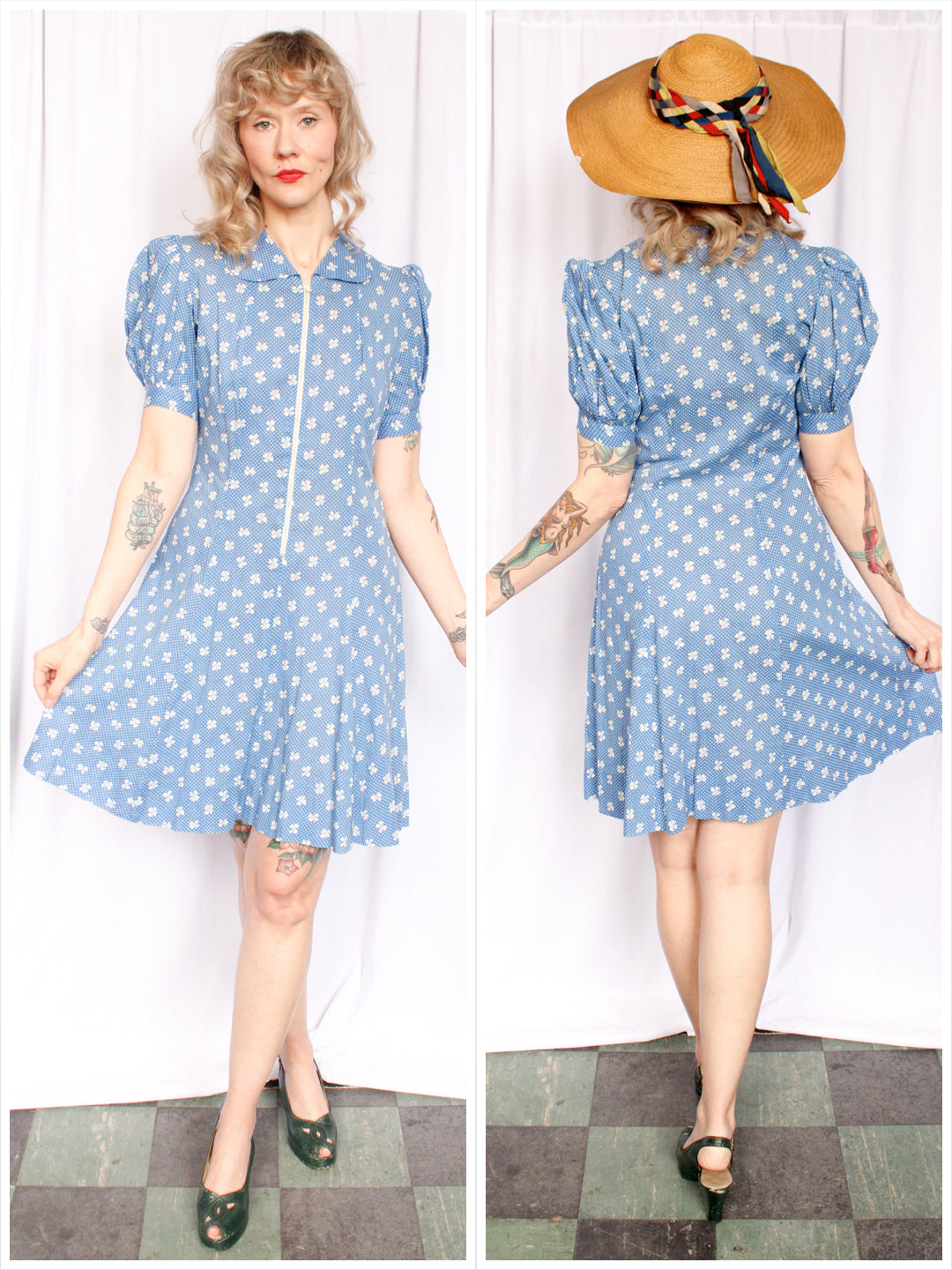 1930s Bow Print Cotton Zip Front Puff Sleeve Dress - Small
